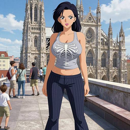 Anime-style woman with large breasts, black pigtails, white crop top, and pinstripe pants, stands on a sunny cathedral plaza.
