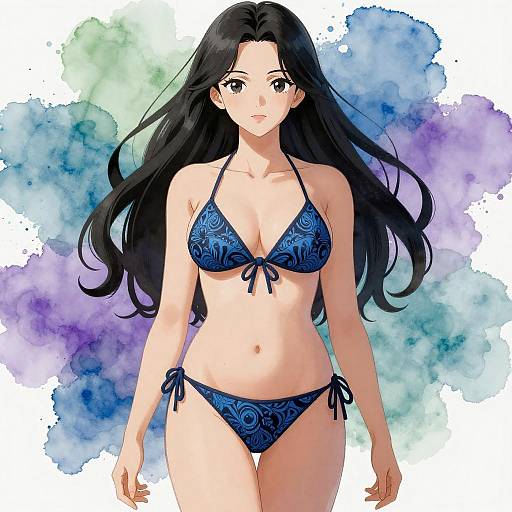 Anime Woman in Blue Patterned Bikini