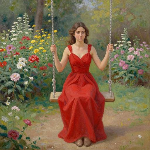 Painting of a young woman with wavy brown hair, wearing a red dress, sitting on a wooden swing in a vibrant flower garden.
