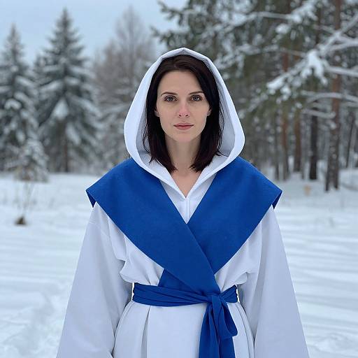 Photograph of a middle-aged woman with fair skin and dark hair, wearing a white robe with a blue hood and sash, standing in a snowy