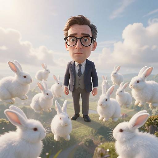 Digital art of a surprised, bespectacled man in a suit standing in a sunny field surrounded by floating white rabbits.
