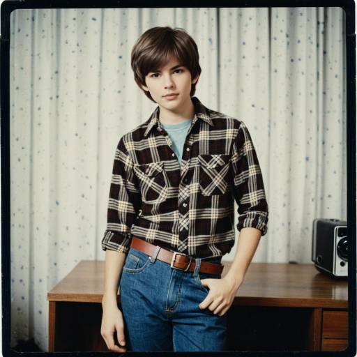 Teen Boy in Vintage 1960s Plaid Shirt and Denim Pants