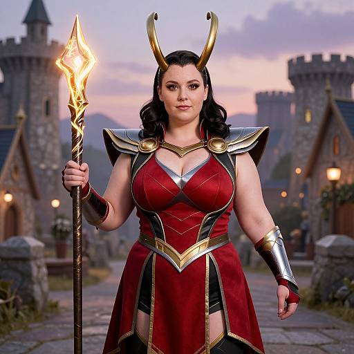 CGI image of a curvy, fair-skinned woman with black hair, wearing red and gold armor, holding a glowing staff, with castle towers