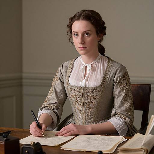 Photograph of a young woman with fair skin and brown hair in an 18th-century dress, writing with a quill at a wooden desk in