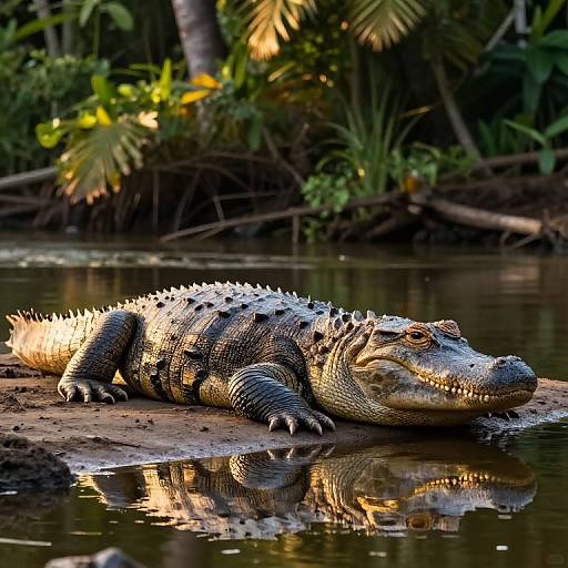Photograph of a large, sunlit crocodile basking on a muddy bank, its spiked back and reflection in the water visible, surrounded by lush