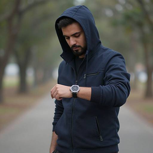 Photograph of a bearded man in a black hooded jacket, looking down at a silver wristwatch, standing on a blurred park path.