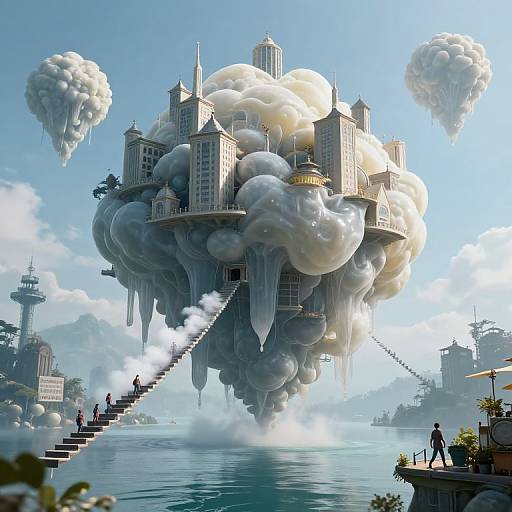 Fantastical digital artwork of a cloud-city with billowing white clouds, suspended above a serene blue lake, accessed by a floating staircase.