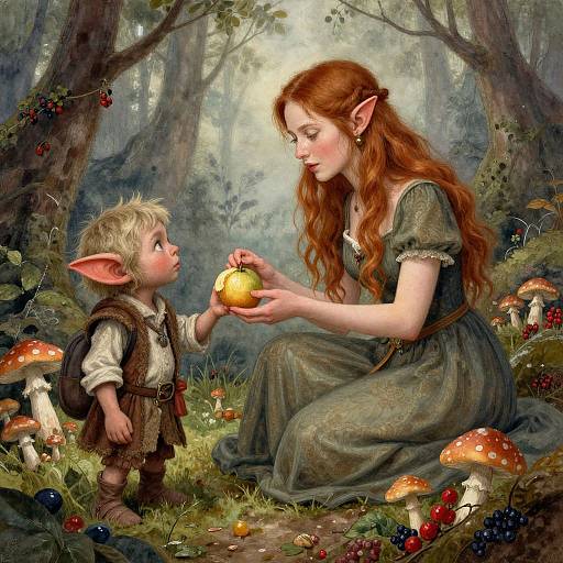 Digital painting of a fairie woman with long red hair, elf ears, and green dress, offering an apple to a small, elf-eared child