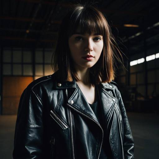 Young woman with peekaboo fringe in leather jacket