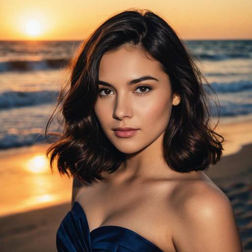 Young Woman in Navy Dress at Sunrise Beach