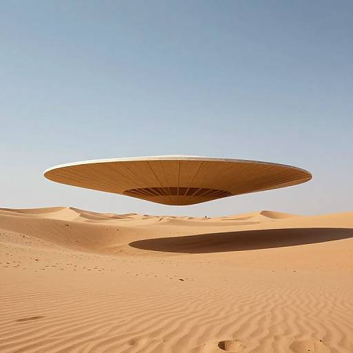 Photograph of a large, circular, saucer-shaped object hovering over a golden desert with rippled sand dunes under a clear blue sky.