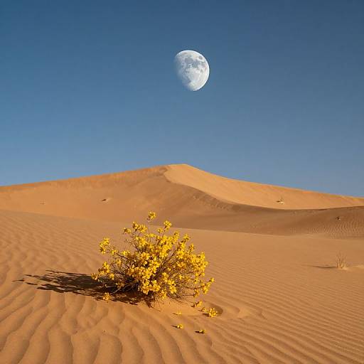 Photograph of a bright yellow desert bush with rippled sand dunes beneath a clear blue sky and full moon.