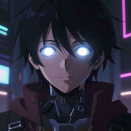 Digital anime-style portrait of a male character with glowing blue eyes, black hair, and cybernetic neckgear, set against a neon-lit city