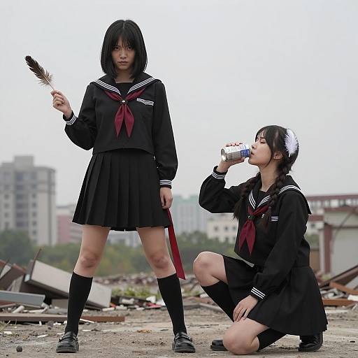 Intense Portrait of Schoolgirls in Urban Ruins