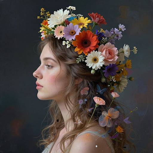 Photograph-style digital artwork of a young woman with wavy brown hair, wearing a vibrant floral crown, facing left against a dark background.