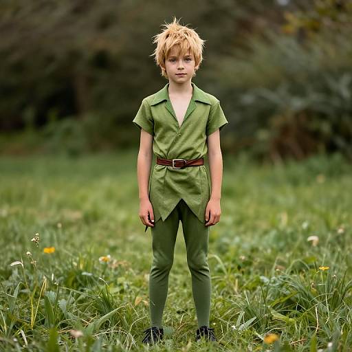 Photograph of a young boy with blond, spiky hair, wearing a green Robin Hood-style outfit, standing in a grassy field. Background is