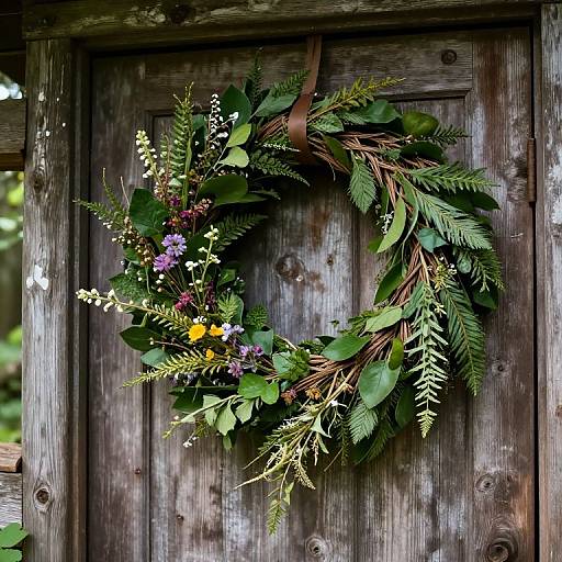 Photograph of a rustic wooden door adorned with a lush, green pine and fern wreath, featuring purple, yellow, and white flowers.