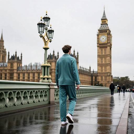 Man in Teal Pajamas Walking on Westminster Bridge