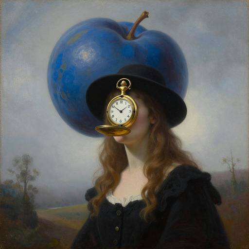 Photorealistic painting of a woman with wavy brown hair, wearing a black hat and dress, with a giant blue apple and pocket watch replacing her