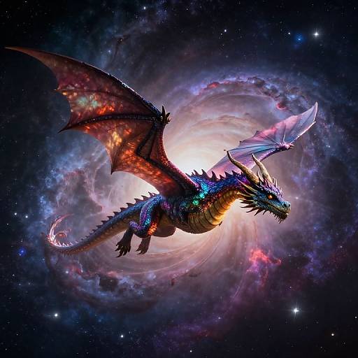 Digital artwork of a vibrant, multi-colored dragon with glowing blue, red, and orange scales soaring through a swirling, starry galaxy.