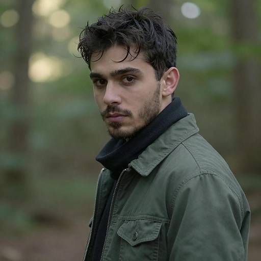 Serious Young Man in Sunlit Forest