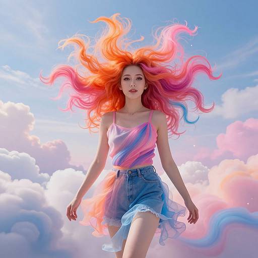 Photograph of a young woman with vibrant pink and orange hair, wearing a pink-striped tank top and denim shorts, floating above fluffy clouds against a bright