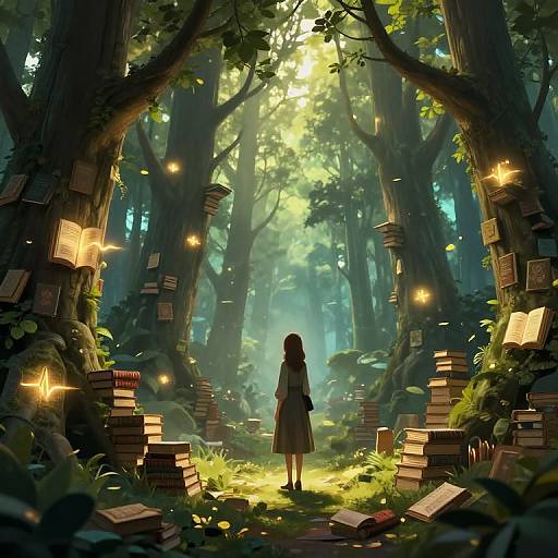 Digital fantasy artwork: A lone girl in a forest stands before towering trees adorned with glowing books and floating fireflies, bathed in sunlight filtering through dense
