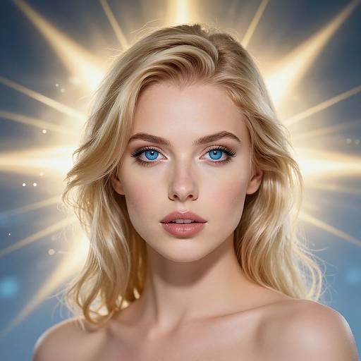 Digital portrait of a blonde woman with blue eyes, radiant glowing background, light blonde wavy hair, fair skin, bare shoulders, ethereal and celestial