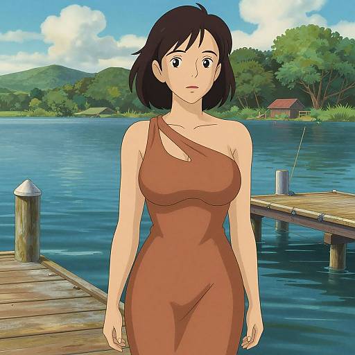 Anime-style digital drawing of a surprised woman with black hair, brown one-shoulder dress, standing on a wooden dock by a calm lake. Green
