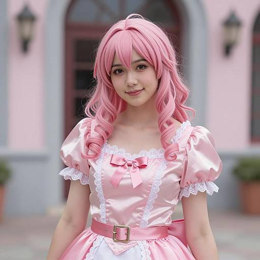 Woman in Pink Satin Cosplay Dress