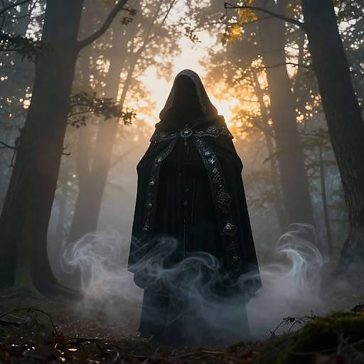Silhouetted figure in a dark, ornate cloak with swirling mist, standing in a foggy forest illuminated by a glowing sun. Digital art