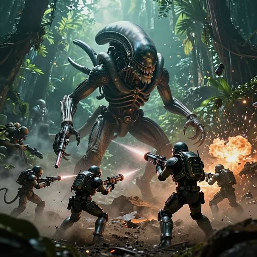 Digital CGI scene: Four armed soldiers in black tactical gear fight a massive, black, biomechanical Xenomorph in a dense, misty jungle