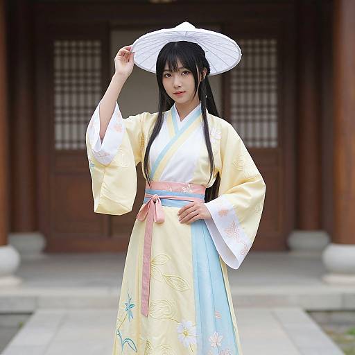 Young East Asian woman in traditional yellow and white hanbok with floral patterns, blue and pink sash, white hat, standing in front of wooden