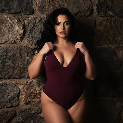 Photograph of a curvy woman with long black curly hair, wearing a deep V-neck, dark brown one-piece swimsuit, standing against a textured