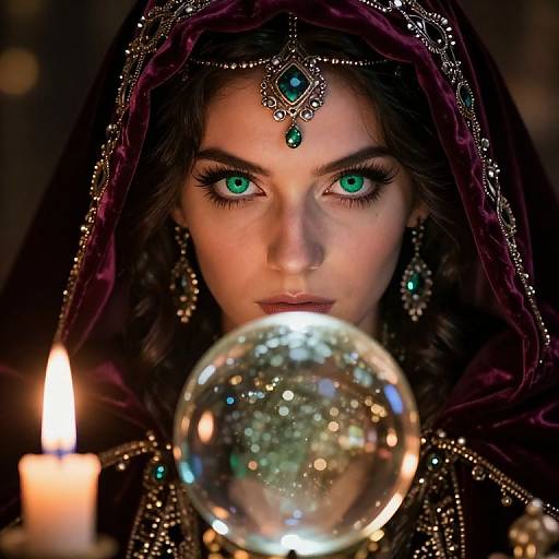 Photograph of a woman with green eyes, wearing ornate jewelry and a dark velvet hood, holding a glowing snow globe in front of a candlelit