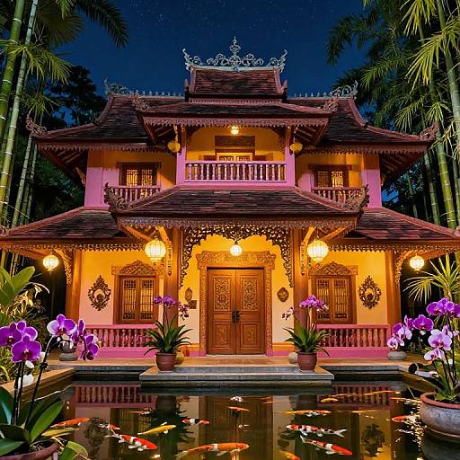 Photograph of a vibrant, ornate Asian-style house at night, illuminated by warm lights, with a reflecting pond, purple orchids, and k