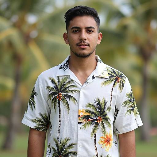 Photograph of a young man with short black hair, light brown skin, and a trimmed mustache, wearing a white Hawaiian shirt with palm tree and