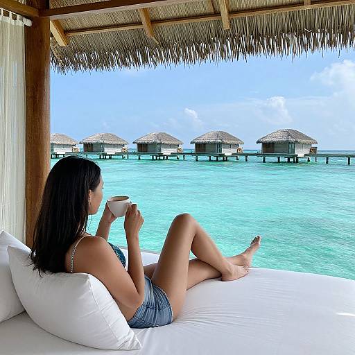 Woman Relaxing with Coffee by Maldives Lagoon
