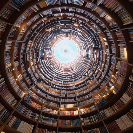 Photograph of a circular library ceiling, viewed from below, showcasing concentric shelves of books with warm lighting, creating a vibrant, radial pattern around a