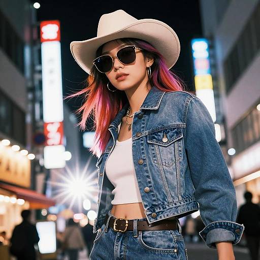 Photograph of a young woman with long pink hair, wearing a white cowboy hat, dark sunglasses, denim jacket, white crop top, and high-w