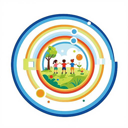 Digital illustration: Colorful circular design with two children playing outdoors, surrounded by vibrant rainbow, blue rings, and planet icons.