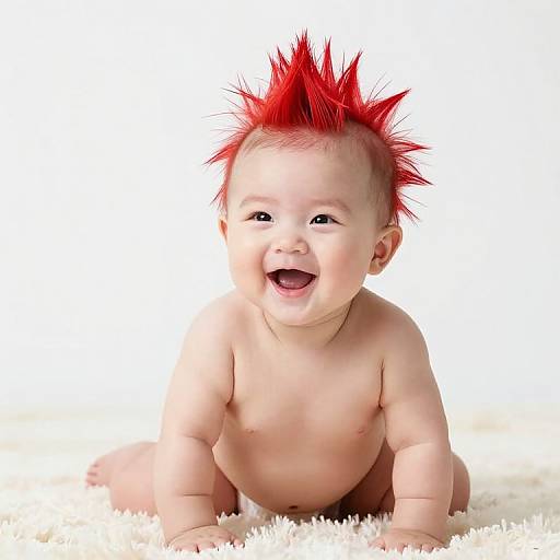 Cute baby with bright red spiky hair, smiling, sitting on white fluffy carpet, against a plain white background. Photographic image.