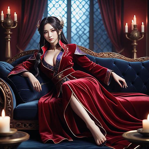 Seductive Arcane Elementalist on Velvet Sofa