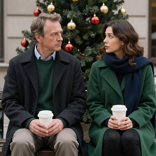 Couple on a Bench by Christmas Tree