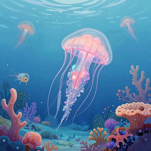 Colorful underwater scene: vibrant jellyfish with glowing pink and blue lights, surrounded by corals, fish, and marine plants in a blue ocean.