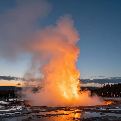 Photograph of a vibrant, orange geyser eruption against a twilight sky, with dark silhouetted trees and reflective water in the foreground.