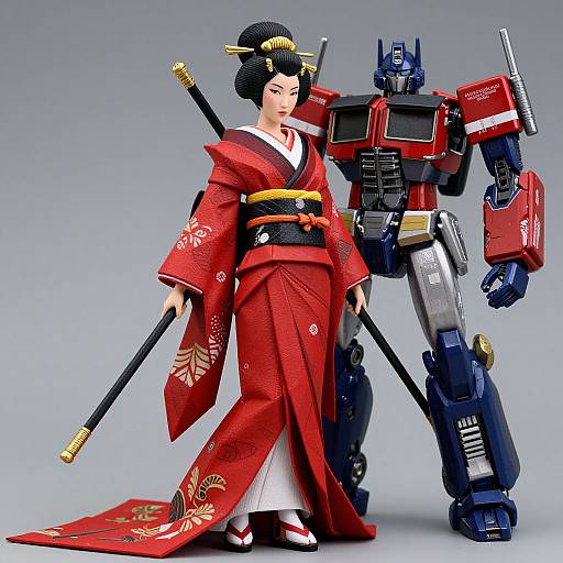 Photograph of a detailed figurine: Japanese woman in red kimono with floral patterns, black hair in bun, standing with katana, beside blue