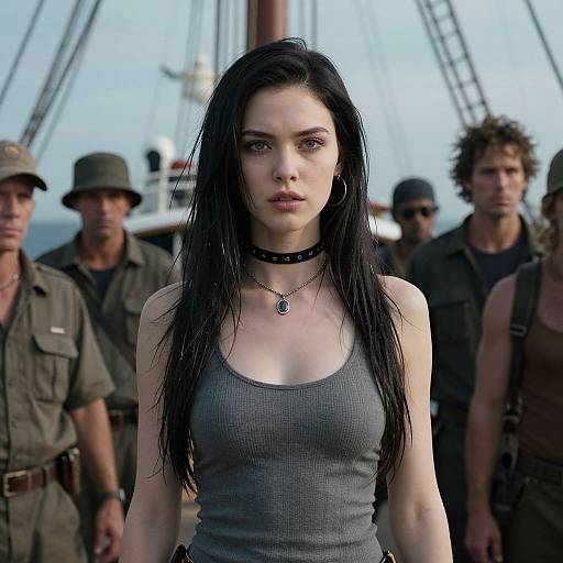 Photograph of a pale-skinned woman with black wet hair, wearing a gray tank top, black choker, and necklace, flanked by soldiers