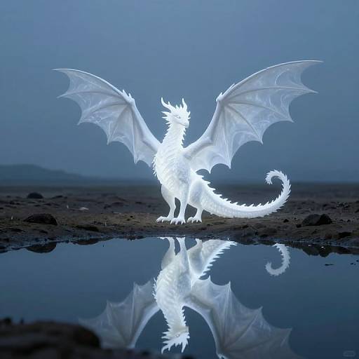 Photograph of a glowing white dragon with large wings, standing on a dark, rocky shore, reflected in a still, blue water pool.