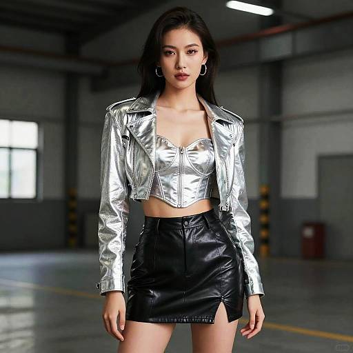 Photograph of an Asian woman with long black hair, wearing a shiny silver crop top and black leather mini skirt, standing in a dimly lit industrial
